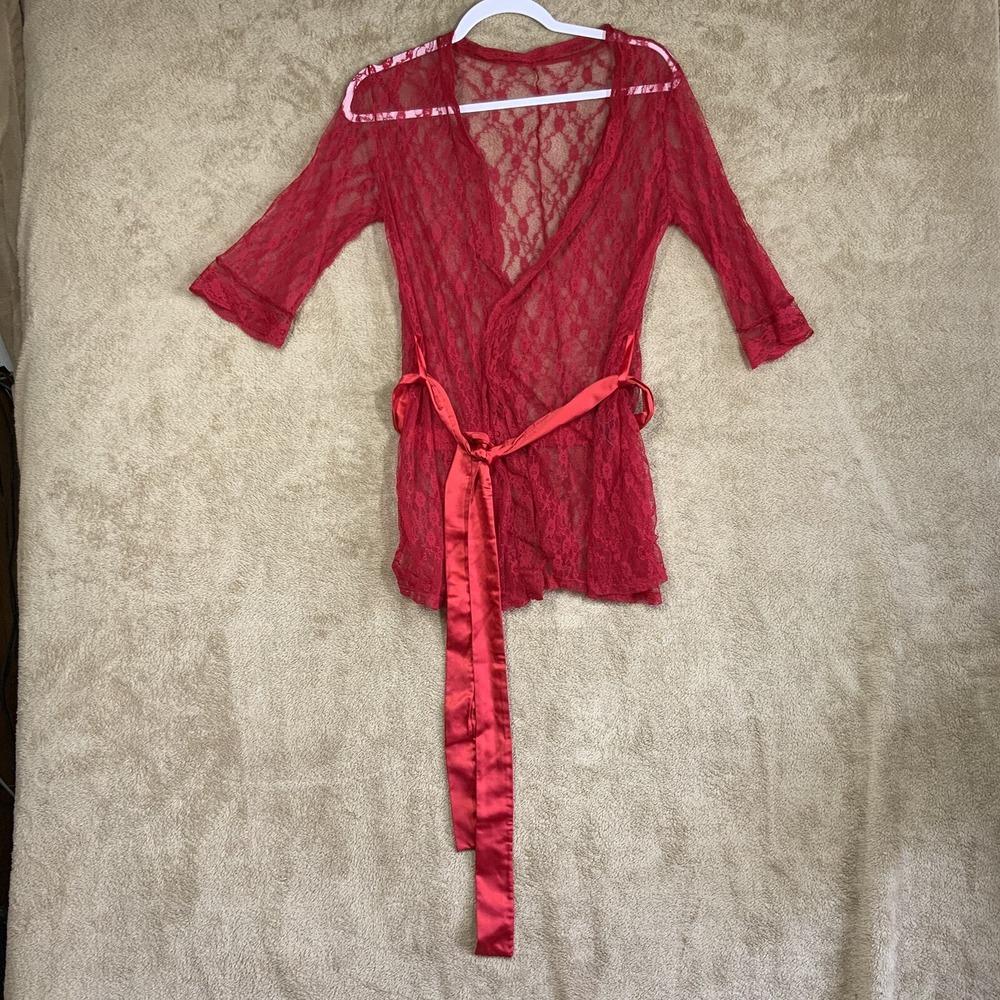 Red Sheer Belted Lace Kimono One Size Top Lingerie Whimsigoth Vamp Sexy EUC